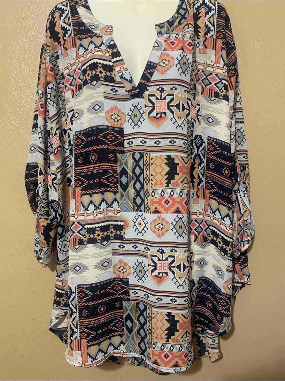 Cato 26/28W Aztec Patchwork Tunic in White, Navy & Tan